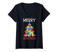 Donna Merry Brickmas Block Building Brick Christmas Master Builder Maglietta con Collo a V
