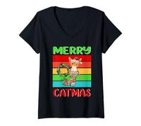 Donna Merry Catmas Abyssinian Christmas Cat Kitty Funny Xmas Maglietta con Collo a V