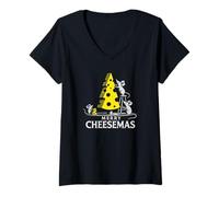 Donna Merry Cheesemas - Maglietta con topolini e Formaggi, Motivo Albero Maglietta con Collo a V