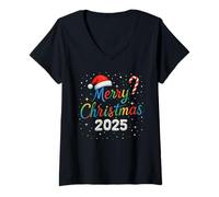 Donna Merry Christmas 2025 Colorful Holiday Lights Family Matching Maglietta con Collo a V