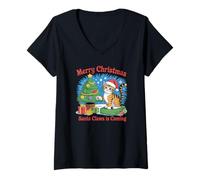 Donna Merry Christmas Cat Santa Claws Babbo Natale Maglietta con Collo a V