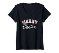 Donna Merry Christmas Classic Vintage Tee Tartan Patchwork Maglione Maglietta con Collo a V