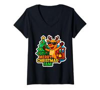 Donna Merry Christmas Fam Family Dinner Raccolta Divertente Renna Maglietta con Collo a V