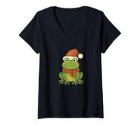 Donna Merry Christmas Froggy Rana Carina ranocchia Natalizia Maglietta con Collo a V