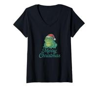 Donna Merry Christmas Froggy Rana Carina ranocchia Natalizia Maglietta con Collo a V