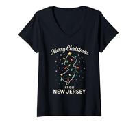 Donna Merry Christmas Jersey Shirt State Lights Albero Vacanza Maglietta con Collo a V