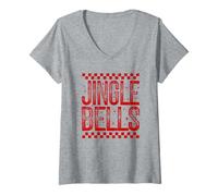 Donna Merry Christmas Jingle Bells Retro Scacchi Vacanza Citazione Maglietta con Collo a V