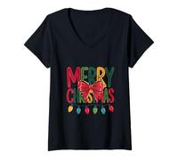 Donna Merry Christmas Lights Camicia Grassetto Testo Bow Garland Grafica Maglietta con Collo a V