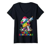 Donna Merry Christmas Master Builder Block Brick Dabbing Costume Maglietta con Collo a V