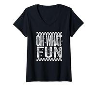 Donna Merry Christmas Oh What Fun Retro Scacchi Vacanze Citazione Maglietta con Collo a V