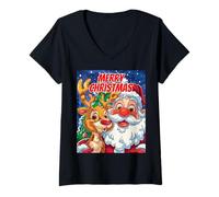 Donna Merry Christmas Renna Babbo Natale Divertente Natale Maglietta con Collo a V