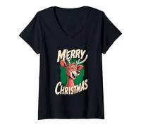 Donna Merry Christmas Renna Divertente Carino Natale Xmas Maglietta con Collo a V