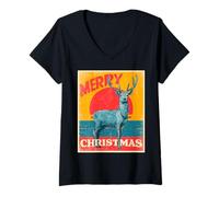 Donna Merry Christmas Renna Vintage Retro 80s Natale Xmas Maglietta con Collo a V