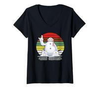 Donna Merry Christmas Retro Snowman Vintage Distressed Tramonto Maglietta con Collo a V