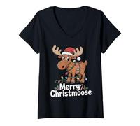 Donna Merry Christmoose - Cappello di Babbo Natale con Alce Maglietta con Collo a V