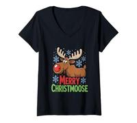 Donna Merry Christmoose - Cappello di Babbo Natale con Alce Maglietta con Collo a V