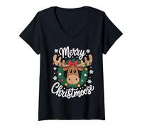 Donna Merry Christmoose - Cappello di Babbo Natale con Alce Maglietta con Collo a V