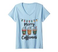 Donna Merry Coffeemas Christmas Xmas Coffee Lover Maglietta con Collo a V