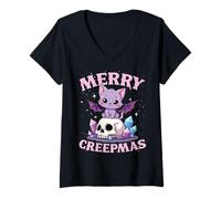 Donna Merry Creepmas Cat Teschio di Natale Gotico Pastello Maglietta con Collo a V