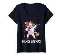 Donna Merry Dabmas Christmas Unicorno Rainbow Xmas Maglietta con Collo a V