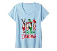 Donna Merry Dancemas Dance Lover Natale Ballerini di Natale Maglietta con Collo a V, Celeste, XL
