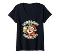 Donna Merry Drunk Im Christmas Santa Birra Umorismo Maglietta con Collo a V