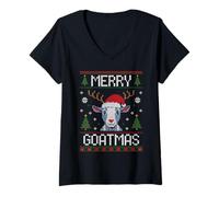 Donna Merry Goatmas Goat Xmas Brutto Maglione di Natale Maglietta con Collo a V