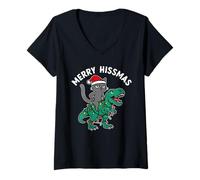 Donna Merry Hissmas, Gatto Che cavalca Un Dinosauro luci di Natale Maglietta con Collo a V