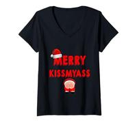 Donna Merry KissMyAss Funny Santa Christmas Dirty Joke Maglietta con Collo a V