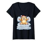 Donna Merry Kitty Christmas - Angelo con Neve, Adorabile per Bambini e Bambine Maglietta con Collo a V