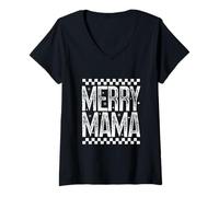 Donna Merry Mama Christmas Mom Retro Scacchi Vacanza Citazione Maglietta con Collo a V