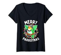 Donna Merry Parrotmas - Caique Divertente Uccello Vacanza Maglietta con Collo a V