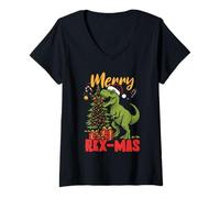 Donna Merry Rex-mas Babbo Natale Dinosauro retrò Natale Dino Maglietta con Collo a V