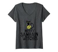 Donna Merry Samhain Streghe t-Shirt Strega Gatto Pentagramma t Shirt Maglietta con Collo a V