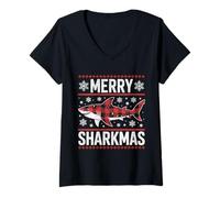 Donna Merry Sharkmas Divertente Shark Santa Hat Brutto Maglione di Natale Maglietta con Collo a V