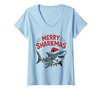 Donna Merry Sharkmas Divertente Shark Santa Hat Brutto Maglione di Natale Maglietta con Collo a V