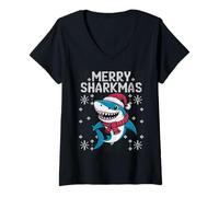 Donna Merry Sharkmas Divertente Shark Santa Hat Brutto Maglione di Natale Maglietta con Collo a V