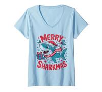 Donna Merry Sharkmas Divertente Shark Santa Hat Brutto Maglione di Natale Maglietta con Collo a V