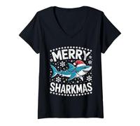 Donna Merry Sharkmas Divertente Shark Santa Hat Brutto Maglione di Natale Maglietta con Collo a V