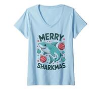Donna Merry Sharkmas Divertente Shark Santa Hat Brutto Maglione di Natale Maglietta con Collo a V