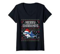 Donna Merry Sharkmas Shark Lights Santa Funny Brutto Natale Maglietta con Collo a V
