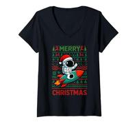 Donna Merry Ugly Christmas Funny Santa Astronaut Riding Rocket Maglietta con Collo a V