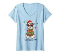 Donna Merry Woofmas Schnauzer Cane di Natale Che Indossa Il Cappello di Babbo Natale Carino Maglietta con Collo a V