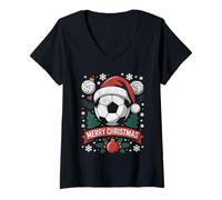 Donna Merry Xmas Palla da Calcio Cappello di Babbo Natale Maglietta con Collo a V
