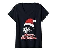 Donna Merry Xmas Palla da Calcio Cappello di Babbo Natale Maglietta con Collo a V