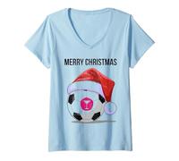 Donna Merry Xmas Palla da Calcio Cappello di Babbo Natale Maglietta con Collo a V