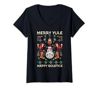 Donna Merry Yule Happy Solstice Christmas Cottagecore Scandinavo Maglietta con Collo a V