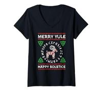 Donna Merry Yule Happy Solstice Goat Wiccan Christmas Yuletide Maglietta con Collo a V