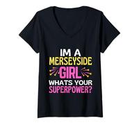 Donna Merseyside Ragazza Qual è Il Tuo Superpotere Liverpool Everton Divertente Maglietta con Collo a V