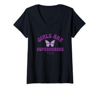 Donna Messaggio viola con farfalla "Girls Are Superheroes Too" Maglietta con Collo a V
